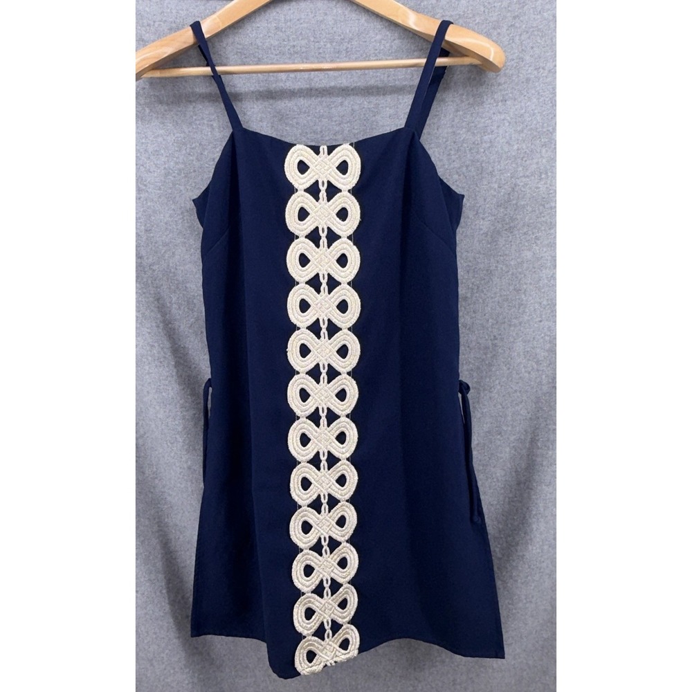 Lilly Pulitzer Navy Blue Sahar Jumpsuit Romper 0‎ Lined Shorts Embroidered Gold